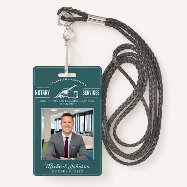 Notary Services Vintage Professional Teal Custom  ID Badge (Front with Lanyard)
