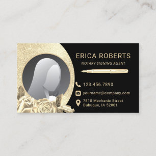 Notary Signing Agent Black & Gold Floral Photo Business Card