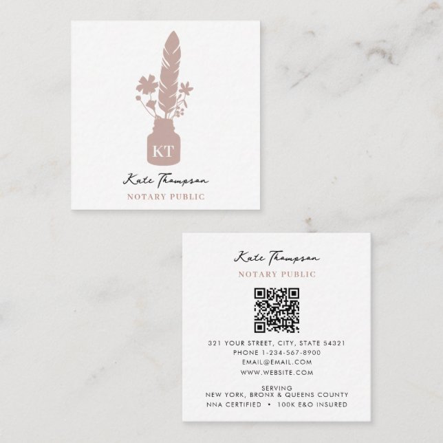 Notary Signing Agent Calligraphy Pink Floral Quill Square Business Card (Front/Back)