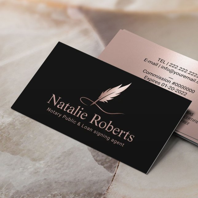 Notary Signing Agent Chic Rose Gold Quill Logo Business Card (Creator Uploaded)