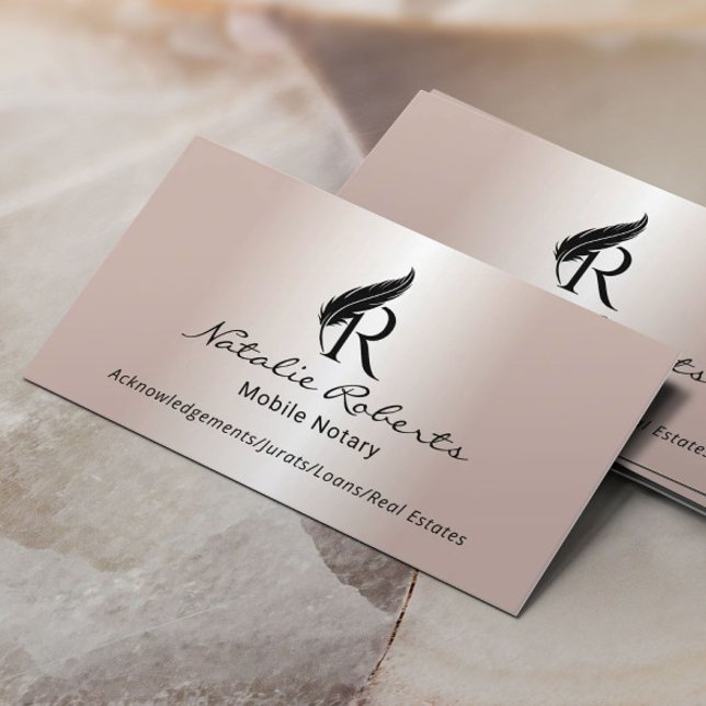 Notary Signing Agent Feather Monogram Rose Gold Business Card (Creator Uploaded)
