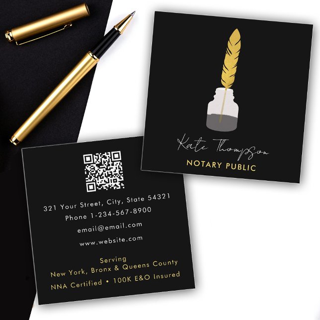 Notary Signing Agent Feather Quill Pen Black Gold Square Business Card (Notary Signing Agent Feather Quill Pen Black Gold Square Business Card)
