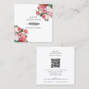 Notary Signing Agent Feather Quill Pink Floral Square Business Card