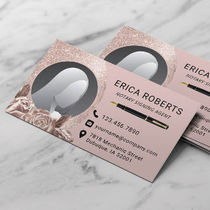 Notary Signing Agent Glam Rose Gold Floral Photo Business Card