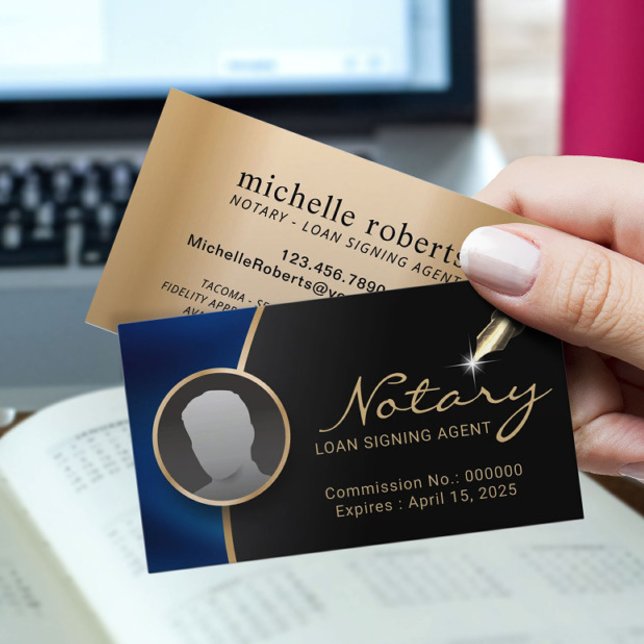 Notary Signing Agent Modern Black & Blue Photo Business Card (Creator Uploaded)