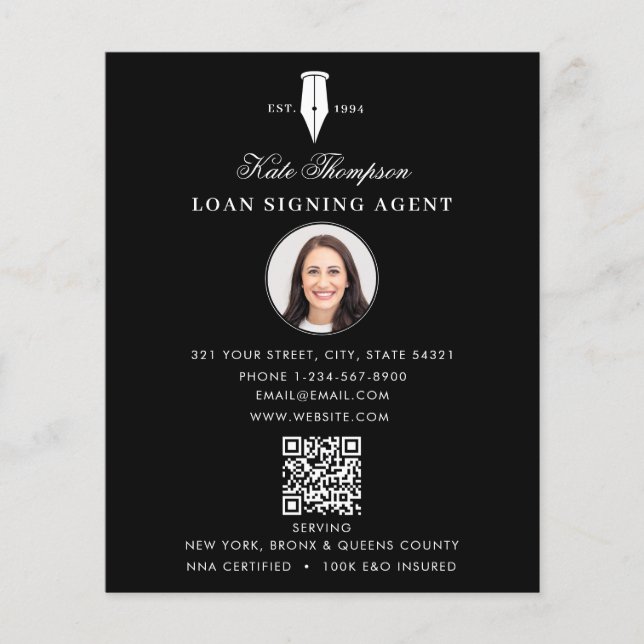 Notary Signing Agent  Modern Black QR Code Photo Flyer (Front)