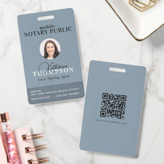 Notary Signing Agent Modern Blue Photo QR Code ID Badge