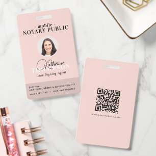 Notary Signing Agent Modern Pink Photo QR Code ID Badge