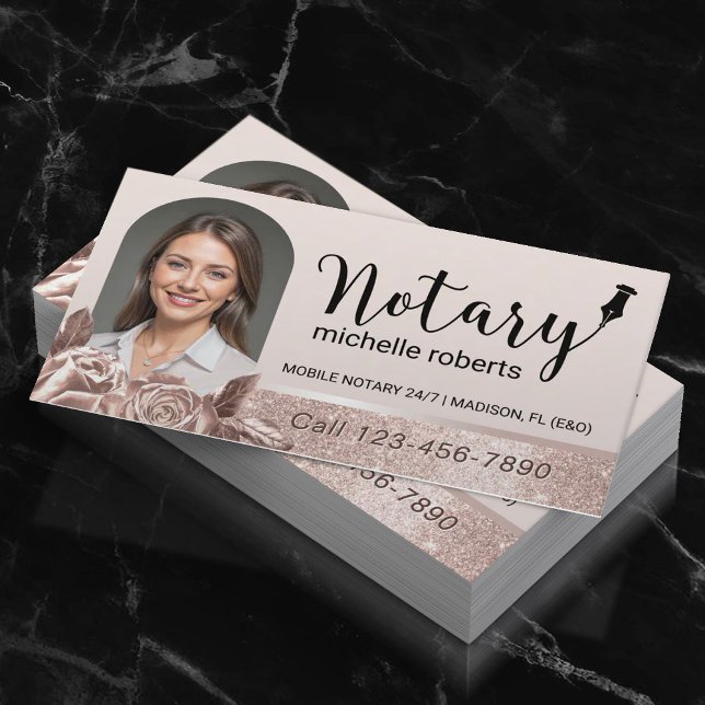 Notary Signing Agent Modern Rose Gold Photo  Business Card (Creator Uploaded)