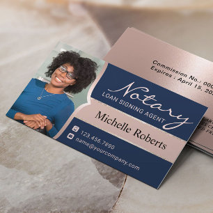 Notary Signing Agent Navy & Rose Gold Photo Business Card