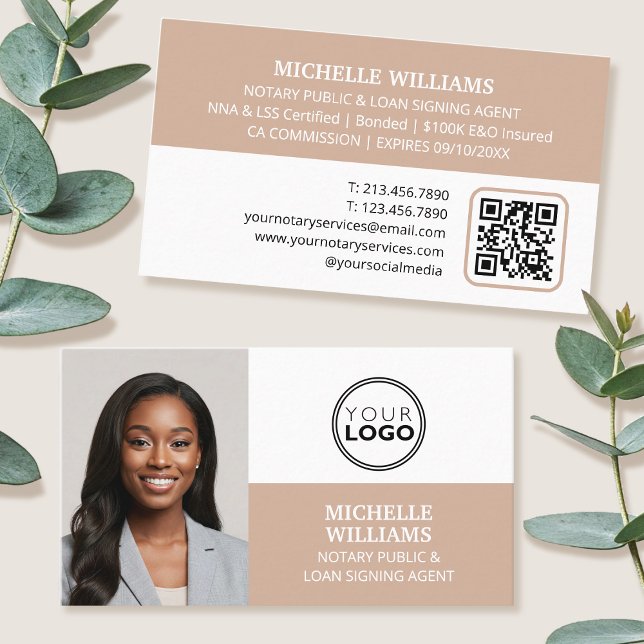 Notary Signing Agent Photo Logo QR Code Beige Business Card (Creator Uploaded)