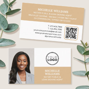 Notary Signing Agent Photo Logo QR Code Gold Business Card