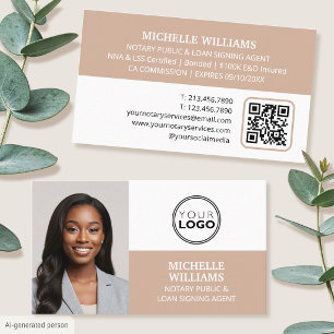 Notary Signing Agent Photo Logo QR Code Tan Business Card