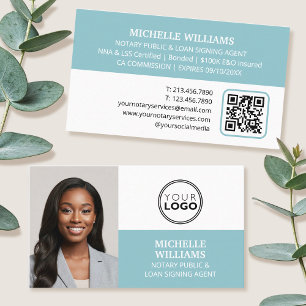 Notary Signing Agent Photo Logo QR Code Turquoise Business Card