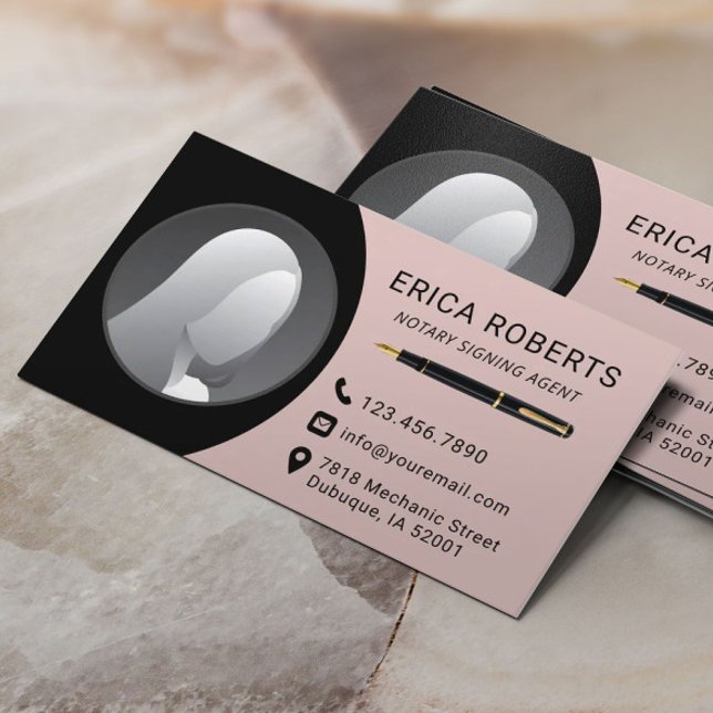 Notary Signing Agent Plain Black & Pink Photo  Business Card (Creator Uploaded)