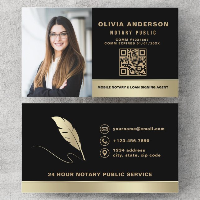 Notary Signing Agent QR Code Photo Black & Gold Business Card (Creator Uploaded)