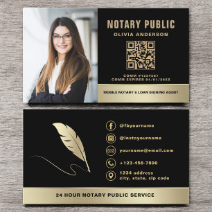 Notary Signing Agent QR Code Photo Black & Gold Business Card