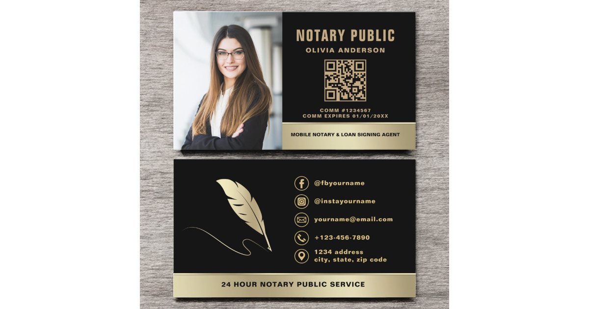 Notary Signing Agent QR Code Photo Black & Gold Business Card | Zazzle