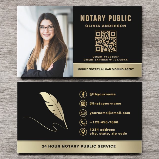 Notary Signing Agent QR Code Photo Black & Gold Business Card (Creator Uploaded)