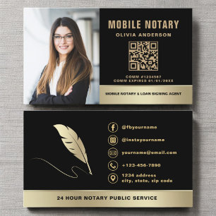 Notary Signing Agent QR Code Photo Black & Gold Business Card