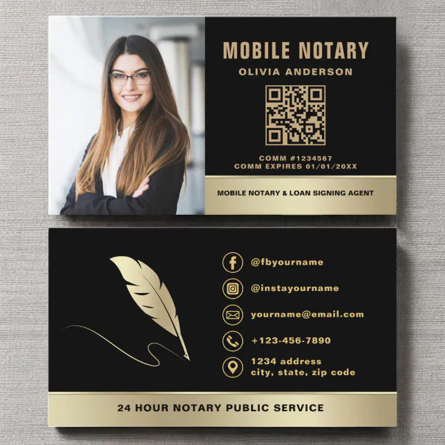 Notary Signing Agent QR Code Photo Black & Gold Business Card | Zazzle