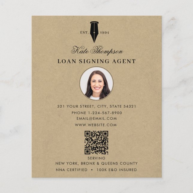 Notary Signing Agent QR Code Rustic Kraft Photo Flyer (Front)