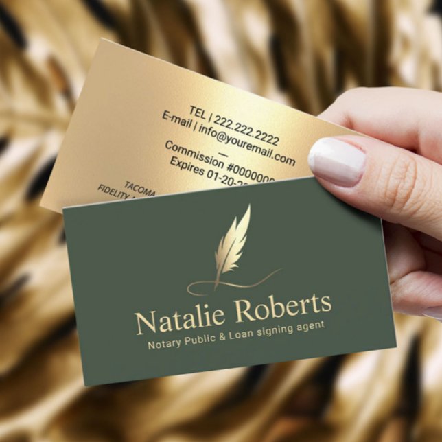 Notary Signing Agent Sage Green & Gold Quill Logo  Business Card (Creator Uploaded)