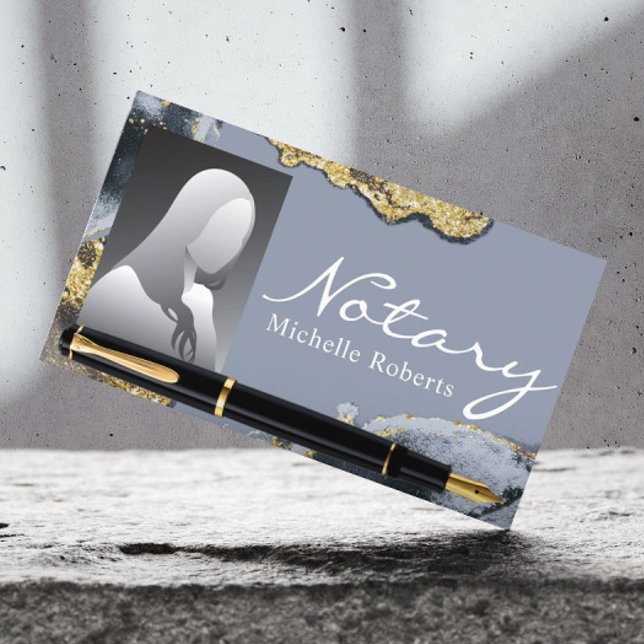 Notary Signing Agent Trendy Gold & Blue Photo Business Card (Creator Uploaded)