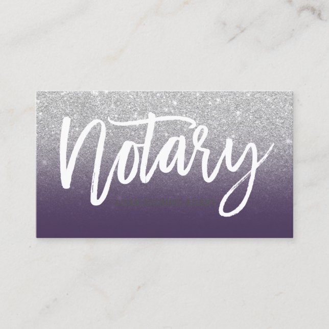 Notary typography silver glitter purple chic business card (Front)