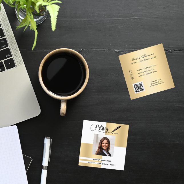 Notary white gold photo QR code loan signing agent Square Business Card (Creator Uploaded)