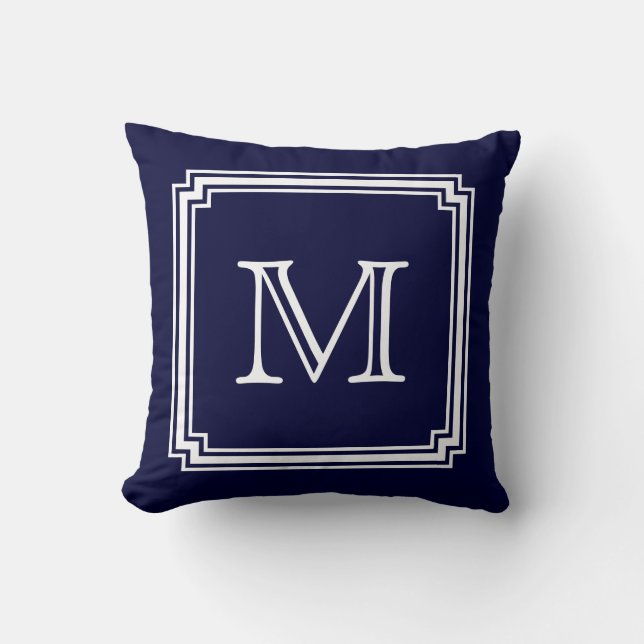 Notched Corner Frame Navy Blue Background Monogram Cushion (Front)