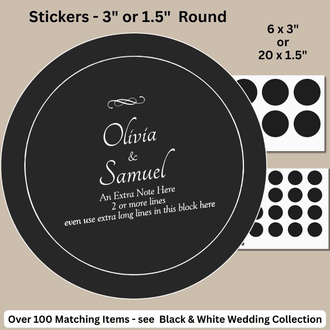 Note + Bride Groom Names Black White Infinity  Classic Round Sticker (Creator Uploaded)