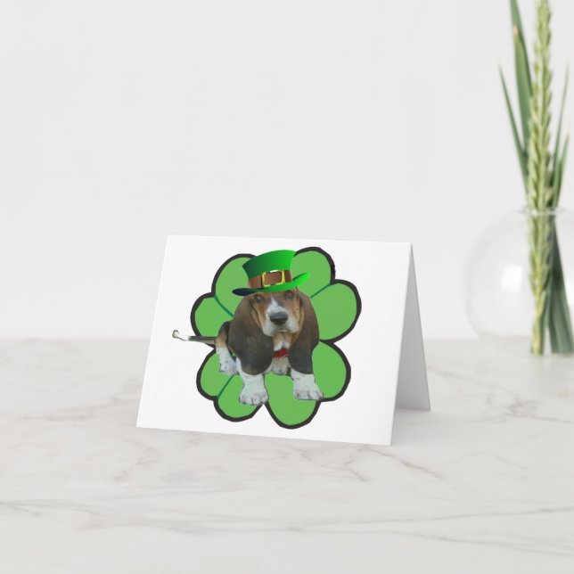 Note Card Basset Hound Happy St.Patrick's Clover (Front)