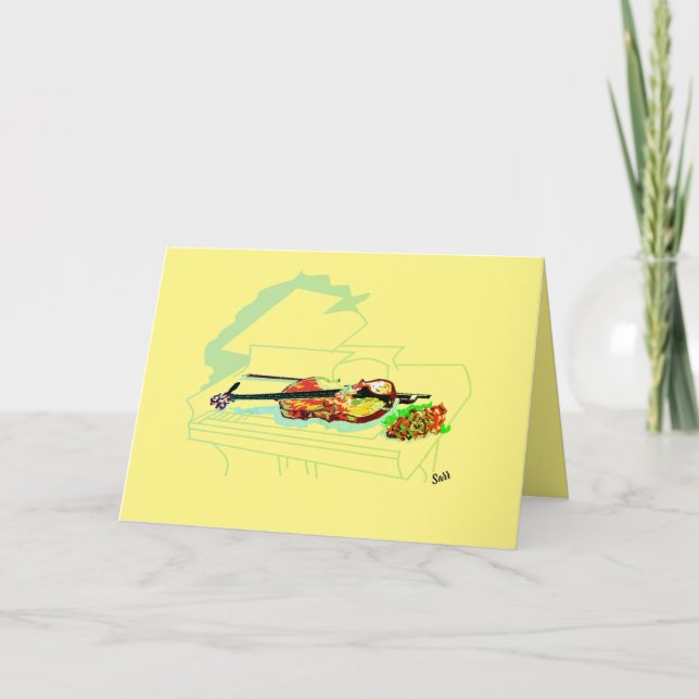 Note Card : Blank inside Piano  Violin with a Rose (Front)