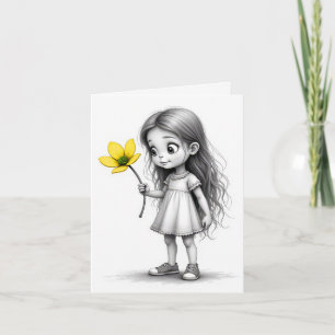 Note Card Chibi Child With Yellow Flower