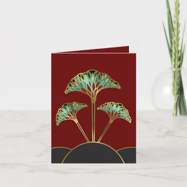Note Card with Art Deco Ginkgo Leaves (Front)
