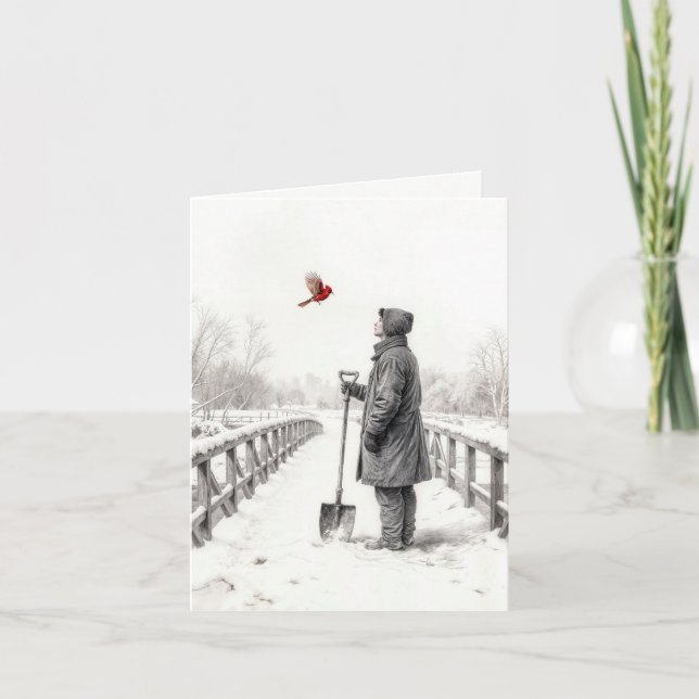 Note Card Young Man Watching a Cardinal (Front)