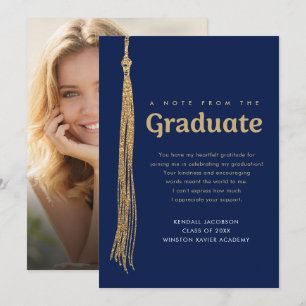 Note from graduate photo Blue & Gold Tassel Thank You Card