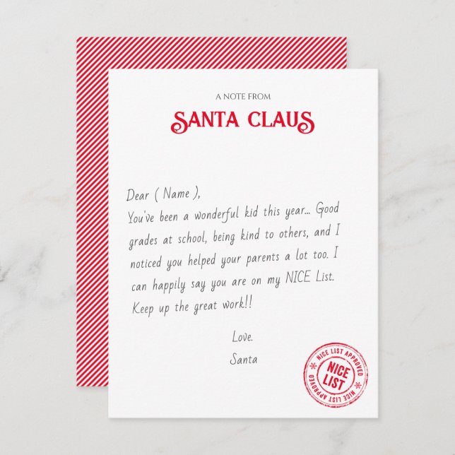 Note From Santa Claus Official NICE List Approved Card (Front/Back)