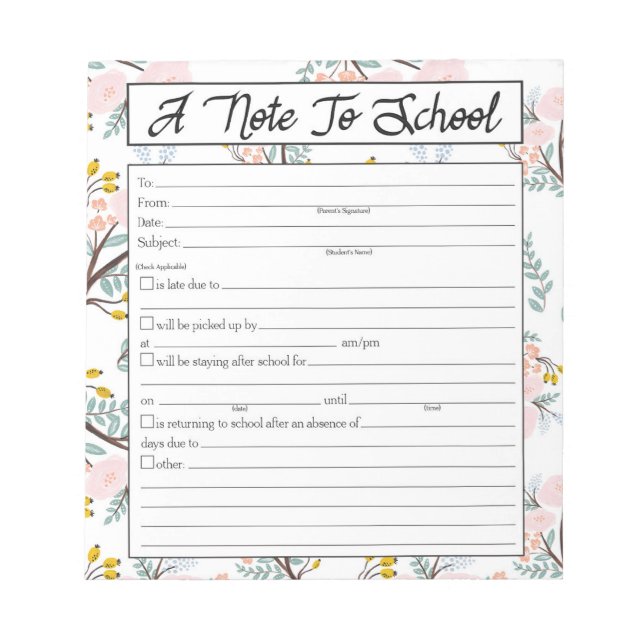Note to Teacher Notepad, School Absence Excuse (Front)