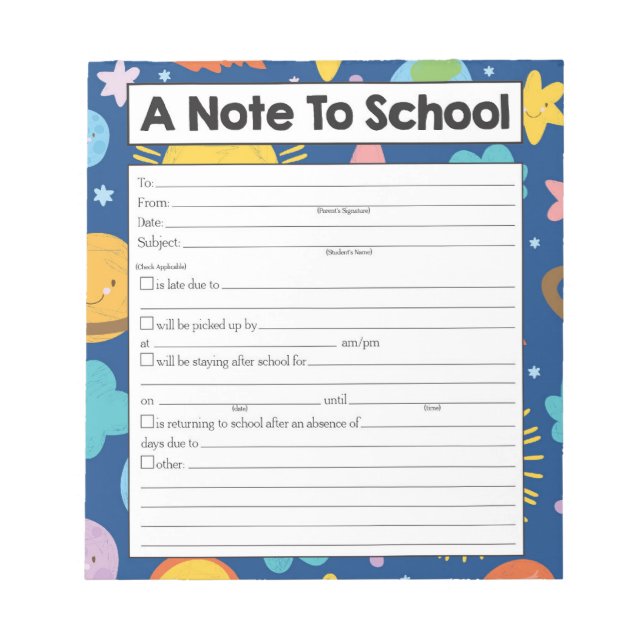 Note to Teacher Notepad, School Absence Excuse (Front)