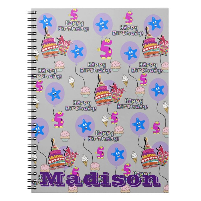 Notebook, #5 Happy 5th Birthday Notes Grey Notebook (Front)