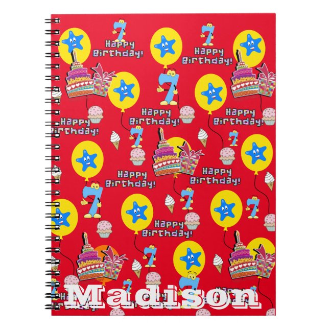 Notebook, #7 Happy 7th Birthday Notes Red Notebook (Front)