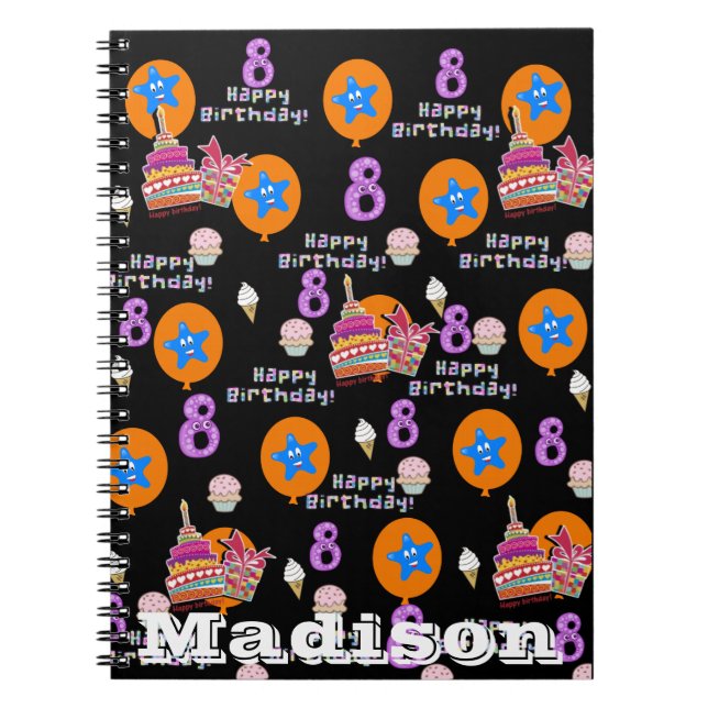 Notebook, #8 Happy 8th Birthday Notes Black Notebook (Front)