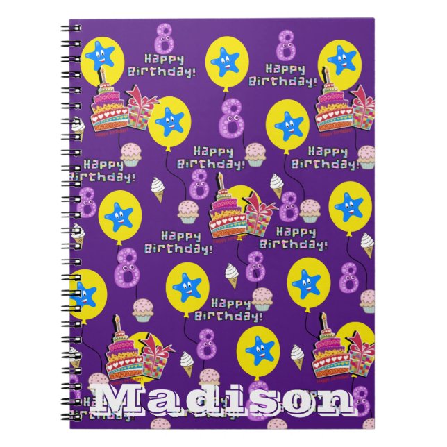 Notebook, #8 Happy 8th Birthday Notes Purple Notebook (Front)