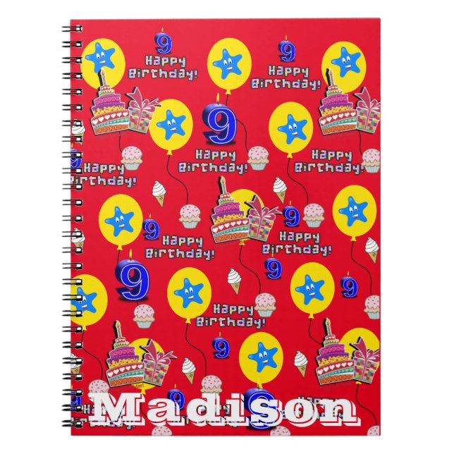 Notebook, #9 Happy 9th Birthday Notes Red Notebook (Front)