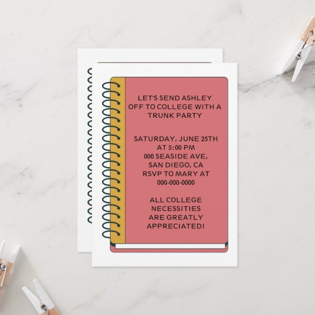 Notebook College Trunk Party Invitation (Front/Back In Situ)