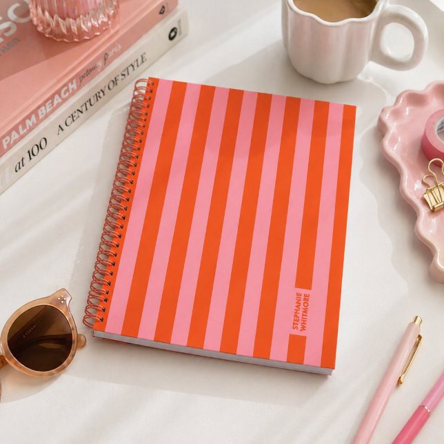 Notebook Journal | Preppy Bold Stripe Coral Pink (A bold striped notebook journal with a playful modern look perfect for gifting or everyday use.)