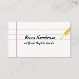 Notebook Paper and Yellow Pencil School Teacher Business Card