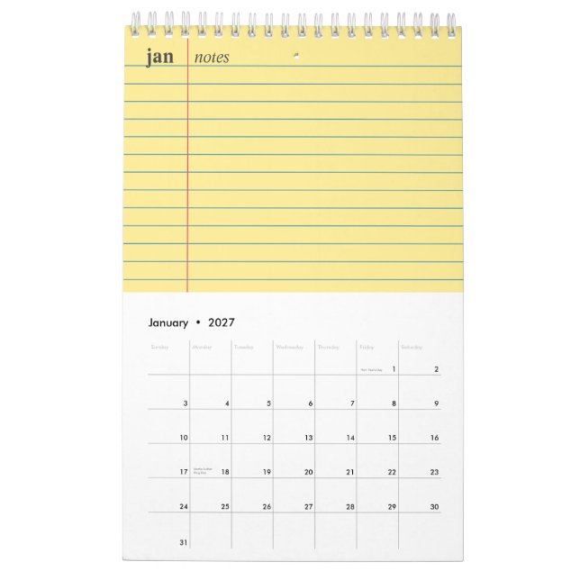 Notebook Paper Yellow Lined Notes Section Calendar (Jan 2027)